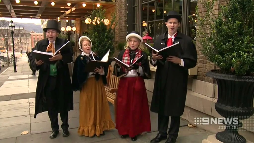 Caroling at the Hotel Bethlehem for an Australian news program.